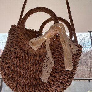 Boho Woven Straw Tote Bag – Round Handle Beach Bag
